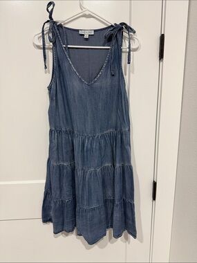 She + Sky Tie-Shoulder Tiered Denim Dress in Blue
